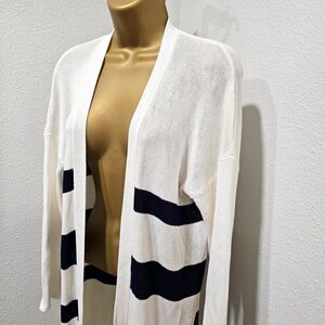 Classic Academia Cream Black Stripe Midi Open Long Cardigan Womens M Minimalist